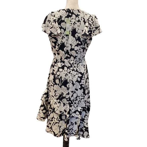 NWT SAM EDELMAN SZ 8 Black&White Floral Silhouette Asymmetrical Ruffle Hem Dress - Picture 9 of 14